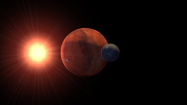  Planet mars with it moons Phobos. 3d illustration