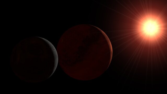  Planet mars with it moons Phobos. 3d illustration