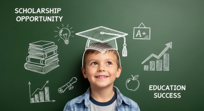 happy boy with graduation cap on head standing in front of green chalkboard with education icons