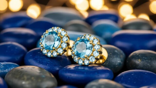 A pair of elegant earrings with large pale blue gems surrounded by smaller white stones, sitting on smooth polished blue and black pebbles
