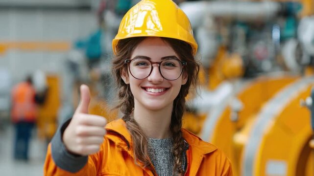 Enthusiastic Engineering: A smiling female engineer, confidently gives a thumbs-up, embodying assurance and competence within a industrial setting. 