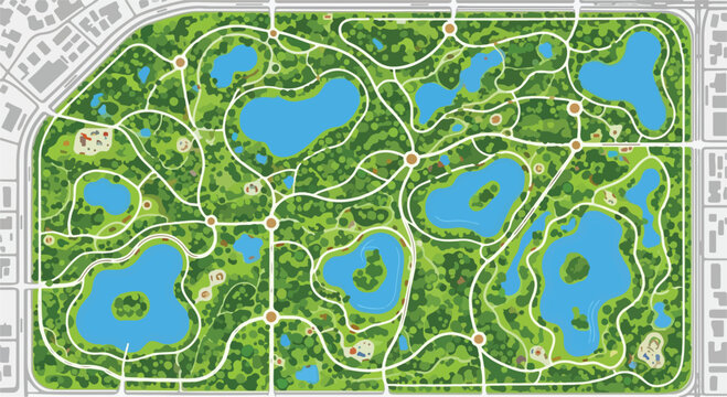 Central Park Map Illustration with Green Trees and Blue Lakes