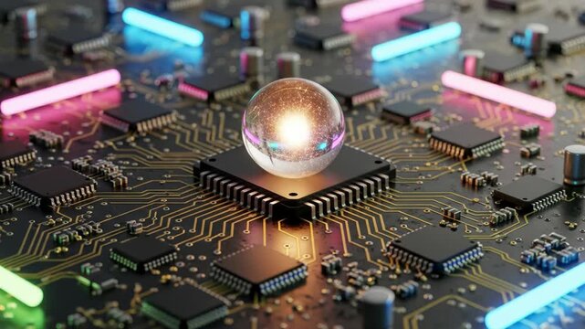 A computer chip with a glowing orb on top surrounded by colorful lights