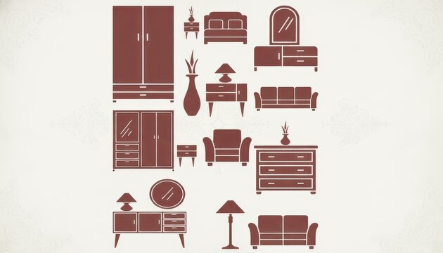 Collection of vintage style flat design furniture icons including wardrobes sofas armchairs dressers nightstands mirrors lamps and vases presented in a cohesive monochromatic