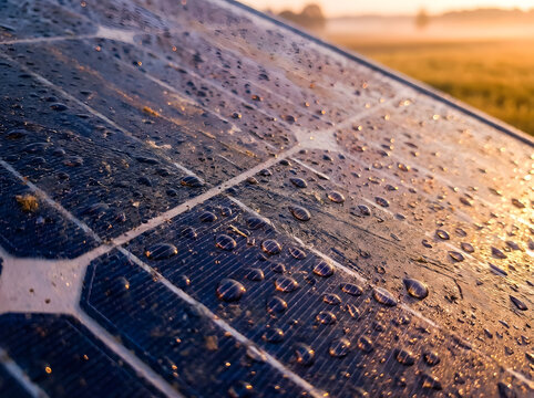 Close-up of a solar panel covered in water droplets, reflecting sunlight in a field at sunrise