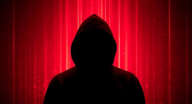 A mysterious person wearing a hoodie stands in front of a red curtain