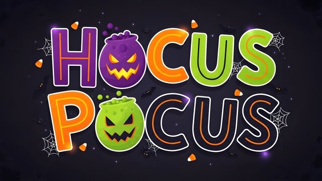 Vibrant magical incantation typography design for a fun and spooky Halloween party, featuring creepy pumpkin faces and playful spiderweb details