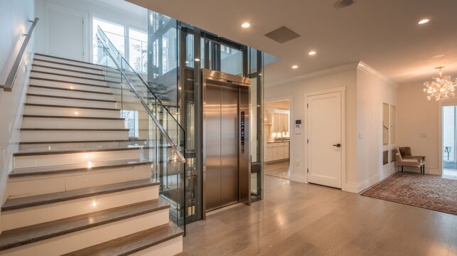 Bright residential living hall featuring a built-in home elevator, elegant staircase, and modern design elements creating a welcoming atmosphere