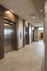 Naklejka premium Modern corridor featuring three elevator doors with wooden accents and tiled flooring, creating a sleek and inviting atmosphere in a contemporary building