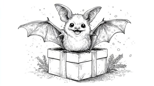 Cute bat character wings open sitting on gift box Halloween creature fantasy animal vintage line art illustration isolated on white background