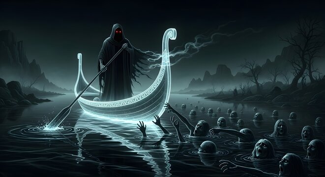 Grim ferryman guides spectral boat through river of rising undead, eerie and dark fantasy scene