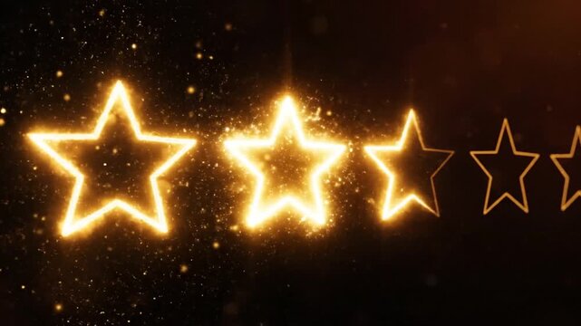 Glowing golden five star rating animation sequence shimmering against a deep black backdrop, showcasing high quality feedback and customer satisfaction review symbols in 4K resolution.
