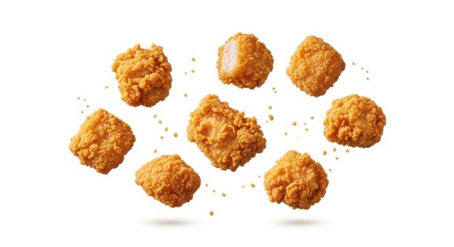 Crispy golden chicken nuggets flying in air, crunchy breaded poultry snacks with crumbs, delicious fried chicken bites for fast food menu isolated on White Background