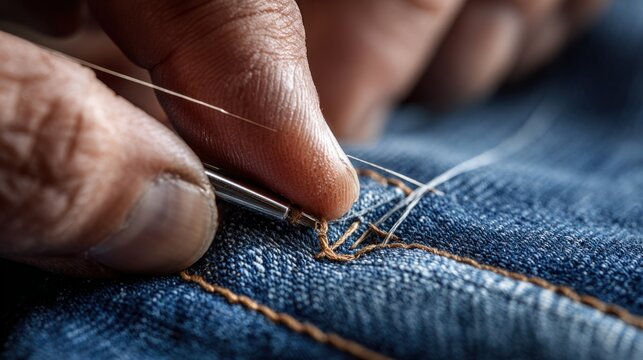 Detailed orange stitching on indigo denim jeans showcasing durable thread and textured fabric surface