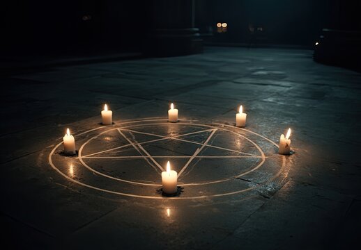 Low-angle shot of a pentagram traced on stone floor, surrounded by lit candles in a dark room