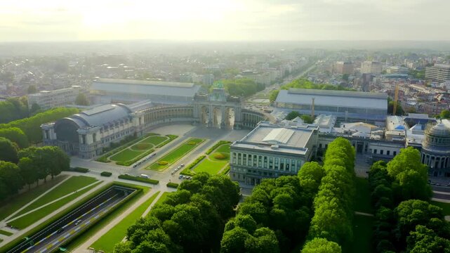 Brussels, Belgium. Park of the Fiftieth Anniversary. Park Senkantoner. The Arc de Triomphe of Brussels (Brussels Gate). Drone footage