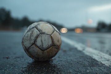 A well-worn soccer ball rests on a wet, gray road with blurred lights in the background