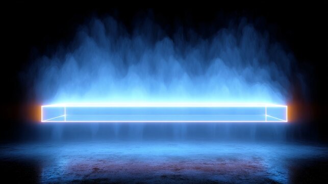 Digital layers in a futuristic style hover over a smooth surface, depicting technology and innovation within an abstract scene illuminated by blue lighting