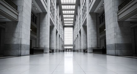 Obraz premium Grand Interior of a Modern Building with Marble Columns and Reflective Floor