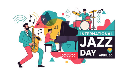 Fototapeta premium International Jazz Day Illustration with Trio Band and Colorful Notes