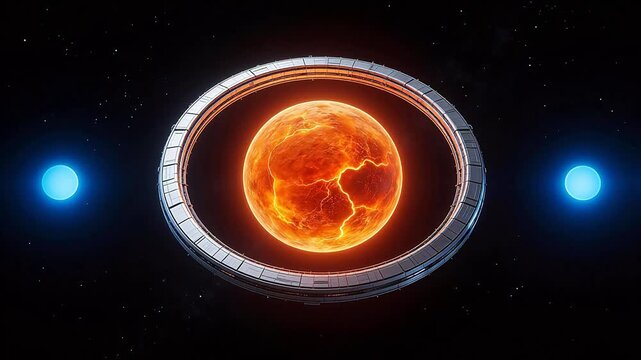 Futuristic Dyson Ring megastructure encircling a glowing orange molten planet, flanked by two blue neutron stars in deep space &mdash; advanced alien civilization concept