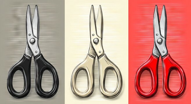 Outline, black, and red scissor icons make up a set of three