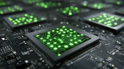 Fototapeta premium A macro close‑up of a semiconductor chip with hovering holographic code, sci‑fi vibe, emerald and black color scheme, ultra‑detailed, shallow depth, innovation theme