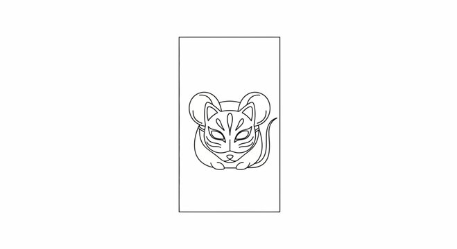 Mysterious Cat Masked Creature, Japanese Folklore Inspired, Line Art Design