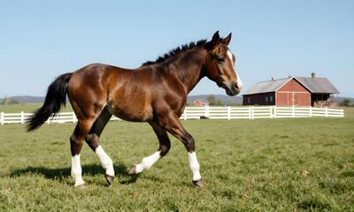Obraz premium Brown horse trotting in a green pasture near a red barn in daylight 