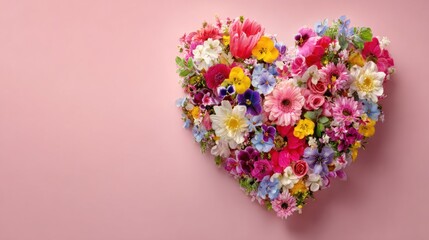 Obraz premium Heart-shaped floral arrangement composed of colorful fresh flowers with varied textures and delicate petals on a soft pink background