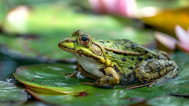 Green frog resting on lily pad near water lilies