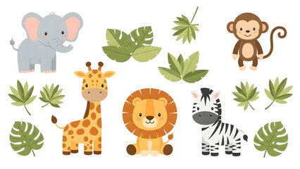 Naklejka premium Cute safari animals and vegetation vector collection for baby nursery, jungle elements set isolated on white background