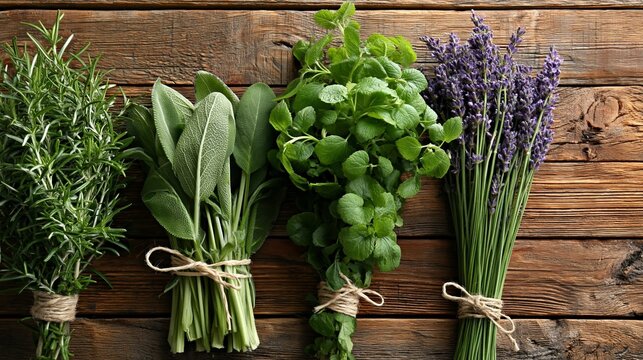 Freshly harvested culinary herbs including rosemary, sage, mint, and lavender arranged in bundles on a rustic wooden surface with natural textures and colors