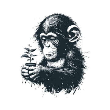 Adorable chimpanzee hold a plant on pot