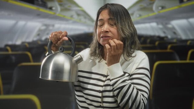 Hispanic woman holding metal kettle by handle while touching chin in airplane cabin; safety concern.