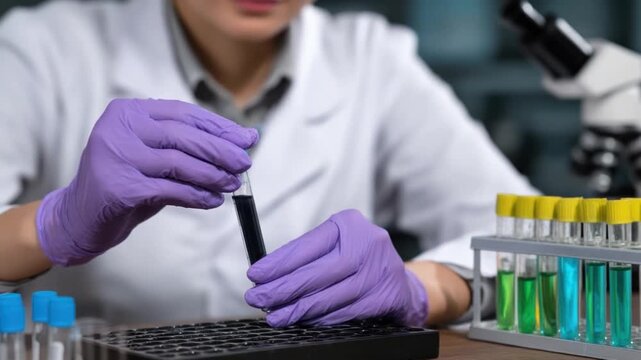 Scientist at Work in Laboratory: A focused scientist, clad in professional attire, carefully examines a test tube containing a mysterious substance in a cutting-edge laboratory environment.