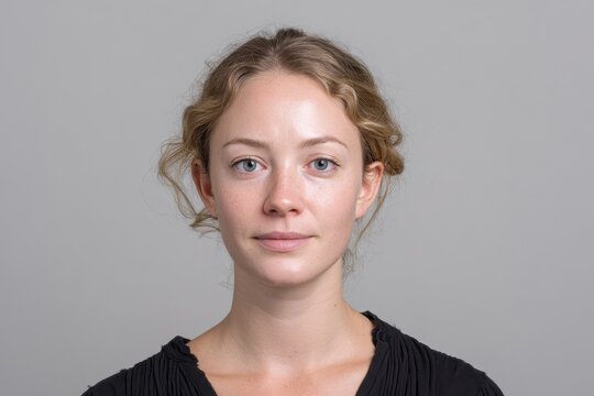 Front-facing portrait of a woman for official identification with neutral expression and plain background