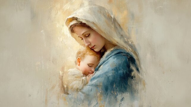 Gentle digital painting of the Virgin Mary with infant Jesus, haloed in a warm, divine light