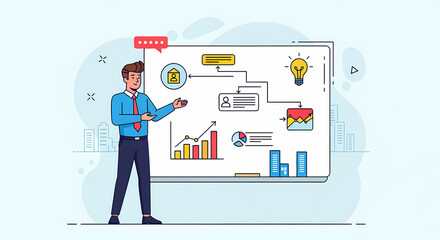Obraz premium Businessman presenting data charts and ideas on whiteboard in office