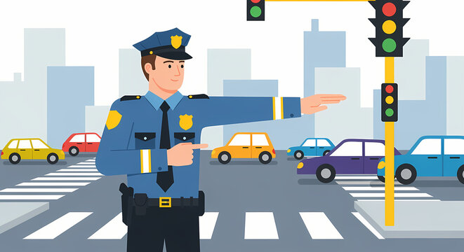 Traffic police officer directing vehicles at city intersection with traffic lights