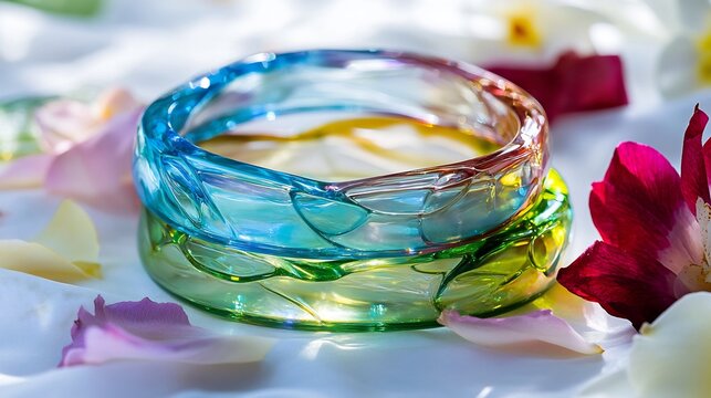 Vibrant set of colorful glass bangles in shades of blue green and red stacked artistically surrounded by flower petals and soft lighting to highlight their delicate glossy textures