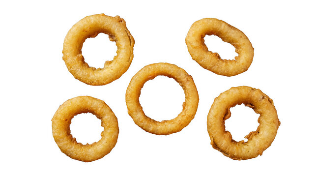Five golden crispy fried onion rings, a popular snack, appetizingly arranged and ready to be served.