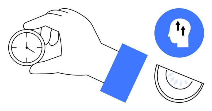 Time management. Hand holding clock efficiency and organization. Brain growth icon promoting productivity. Ideal for business, education, personal development, planning, motivation