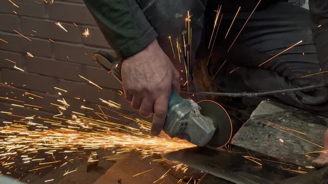 The sides fly bright sparks from the angle grinder machine. A male in a working gloves grinds a metal product with angle grinder. Cutting metal causing sparks isolated - a series of METAL INDUSTRY. 