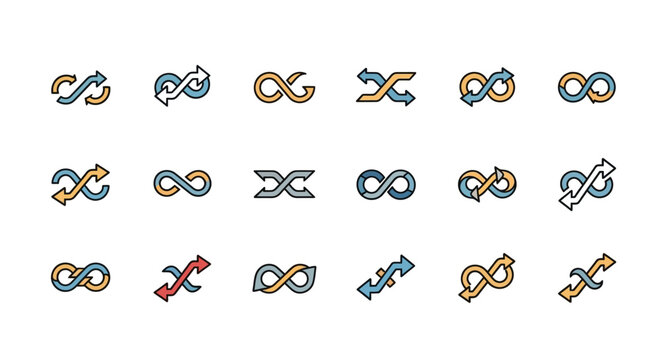 Modern Shuffle and Infinity Loop Icons Vector Set. Endless Repeat Random Symbols