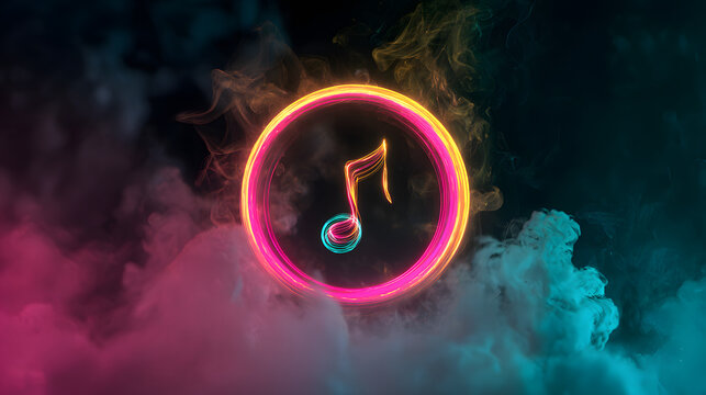 Neon musical note in radiant smoke ring with reggae dancehall glow on dark abstract design