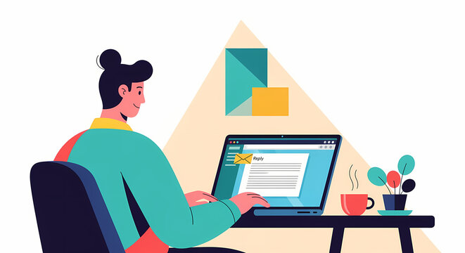 Person typing on laptop replying to email with coffee cup and plant on desk