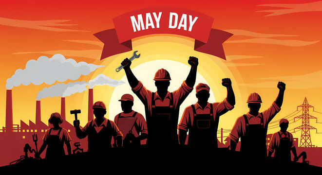 Silhouettes of industrial workers celebrating May Day with factory background at sunset