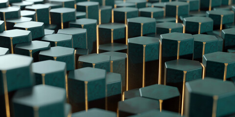 Fototapeta premium Green hexagonal cubes with glowing golden lines form a futuristic grid pattern in a digital environment emphasizing technology and innovation