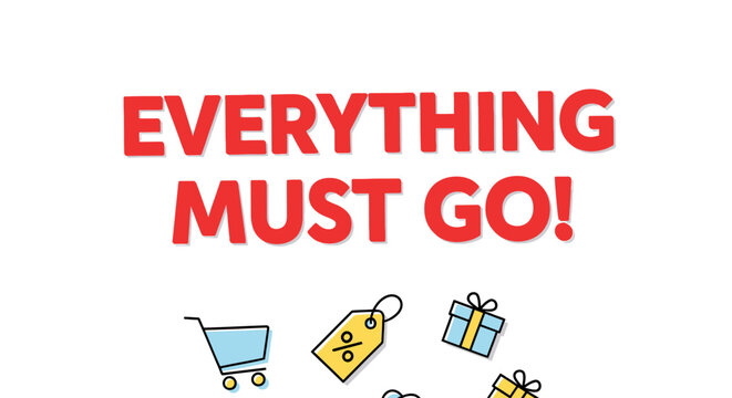 Everything Must Go Clearance Sale Banner with Shopping Icons.